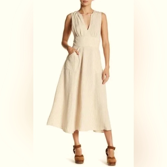 Free People Pretty Daze Linen Blend Ivory Pinstripe Midi Dress - Picture 1 of 10
